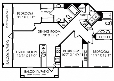 A black and white image of a floor plan for a house with a living room, dining room, and three bedrooms.